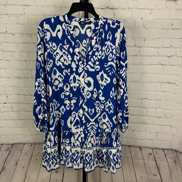 Zara Blue and White Floral Print Mini Babydoll Dress Size Small - Picture 1 of 10